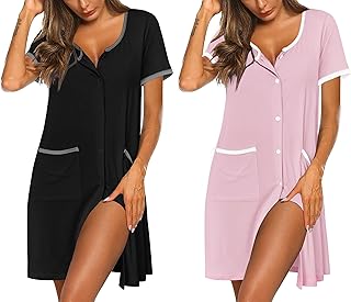 Nightgowns for Women 2 Pack Button Down Sleep Shirts Short Sleeve Nightshirt Sleepwear House Dress with Pockets
