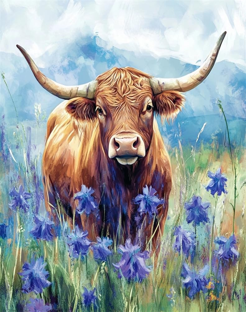 Henypt Stamped Cross Stitch Kits -Highland Cattle and Blue Bellflowers Colorful Printed Easy Pattern Needlepoint Kits Embroidery Crafts for Adults Beginners Gift