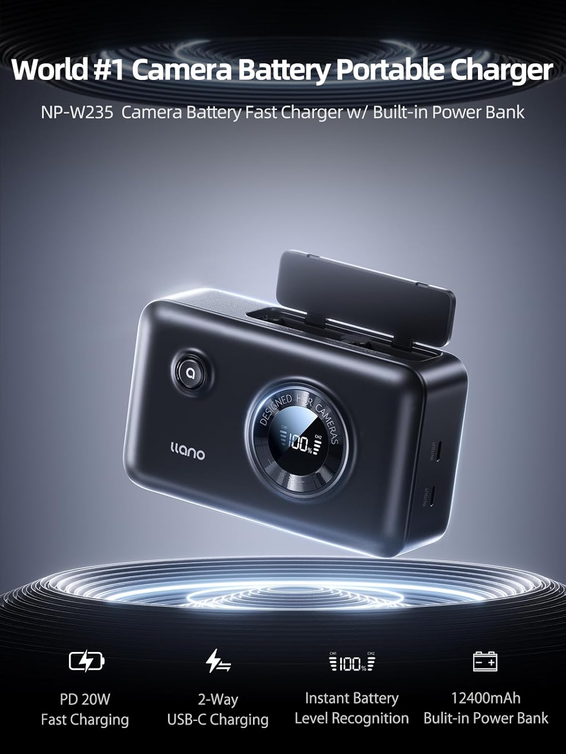 llano NP-W235 Dual Battery Fast Charger with Built-in 12400mAh Power Bank for Fujifilm Fujifilm GFX100RF, XT5, XT4, VG-XT4, XS20, GFX50S II, GFX100S, XH2, XH2S