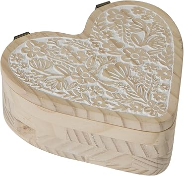 Heart Shaped Wooden Box with Hinged Lid, Decorative Box with Carved Flower, Wood Container Storage Box for Jewelry Trinket Keepsake Treasure, 8 x 7 x 3 Inches, Distressed White