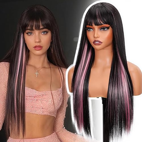 Long Straight Wig with Bangs 26 Inch Black Mix Pink Wigs for Women Synthetic Straight Pink Highlight Wig Natural Bang Wigs for Party Cosplay and Daily Use