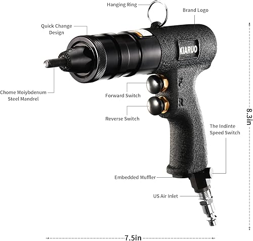 Miniatura 2 de KIARUO Pistola de tuerca de remache neumática 8-32,10-24,14-20 con mandriles de repuesto, pistola de remaches de grado industrial RPM 1500 MODEI