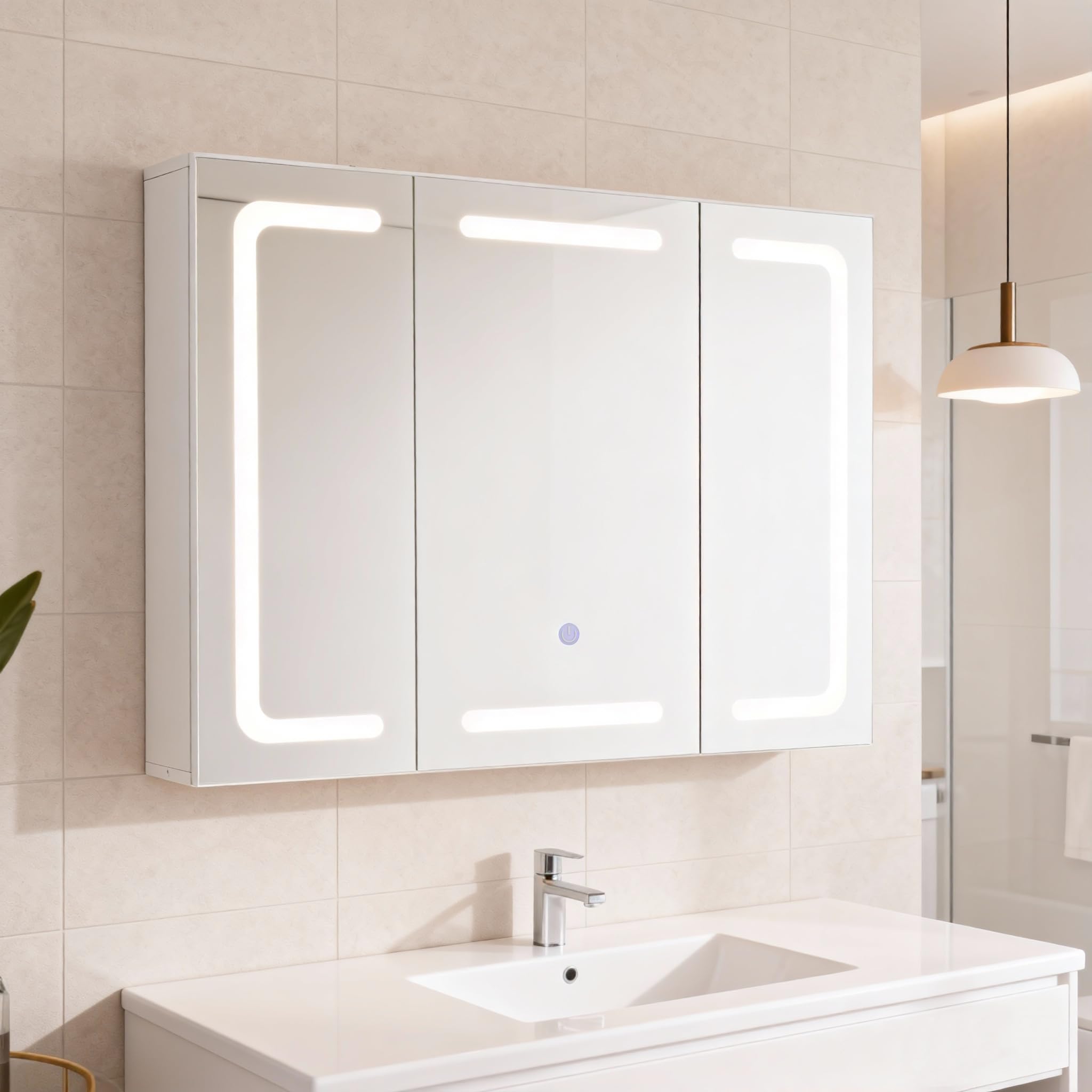Thanaddo Spiegelschrank Bad mit LED Beleuchtung 80x60cm, Badezimmerschrank mit 6 Regal 3 Tür, Badschrank mit LED Badspiegel, 3 Farben Dimmbar