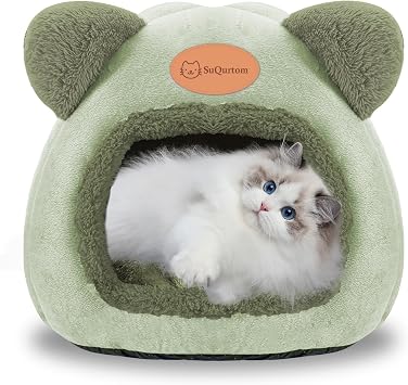 Cat Cave Bed Igloo, Small Cat Tent Bed House, Foldable Comfortable Pet Cat Bed, Warm and Comfortable Cats Sleeping Cave House for Cats, Kittens, IndoorGreen, 36x36x36cm