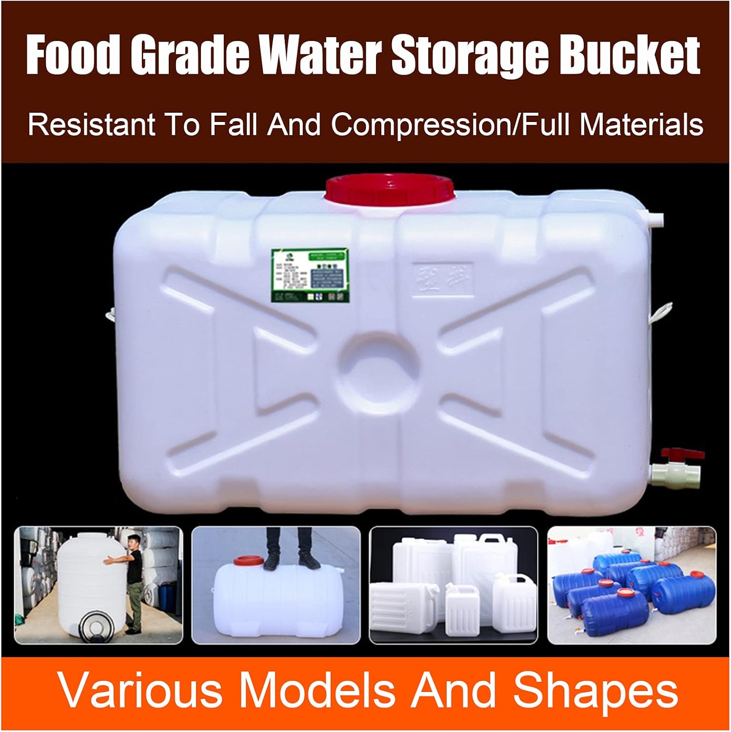 Water Tank White 110 Liters Large Capacity Water Tank Plastic Water Bucket Horizontal Cylindrical Water Storage Tank with Cover and Valve for Household Water Camping Outdoor Self-Driving Tour