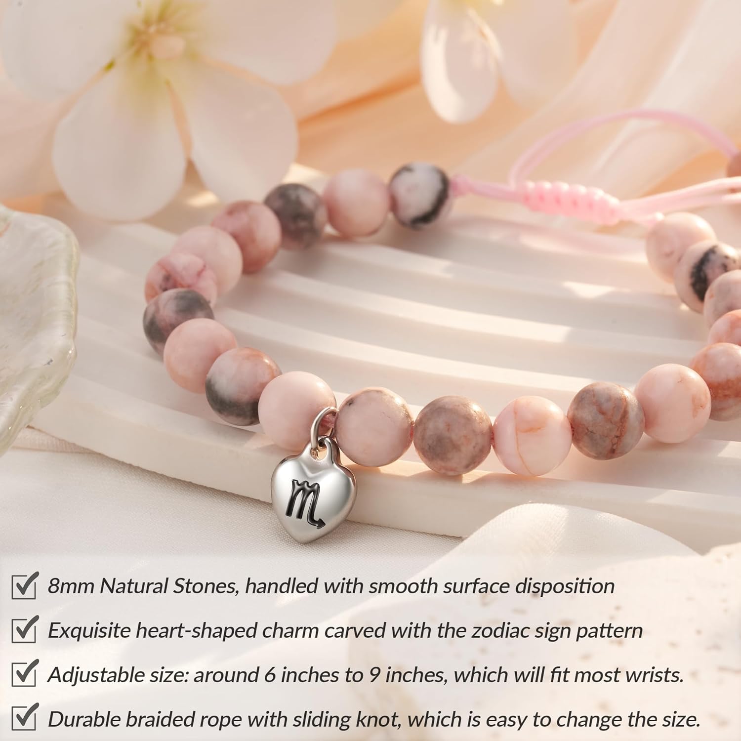 Zodiac Bracelet For Women Zodiac Gifts Natural Stone Zodiac Charm Adjustable Size Birthday Christmas Gifts - Image 3