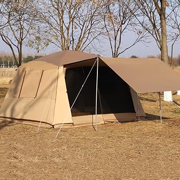 6-10 Person Family Tent Camping Tent with Mat, 2 Whie Poles, 2 Layer Waterproof Large Tent with Carrying Bag, Outdoor Beach Tent for Adults Kids Color Brown