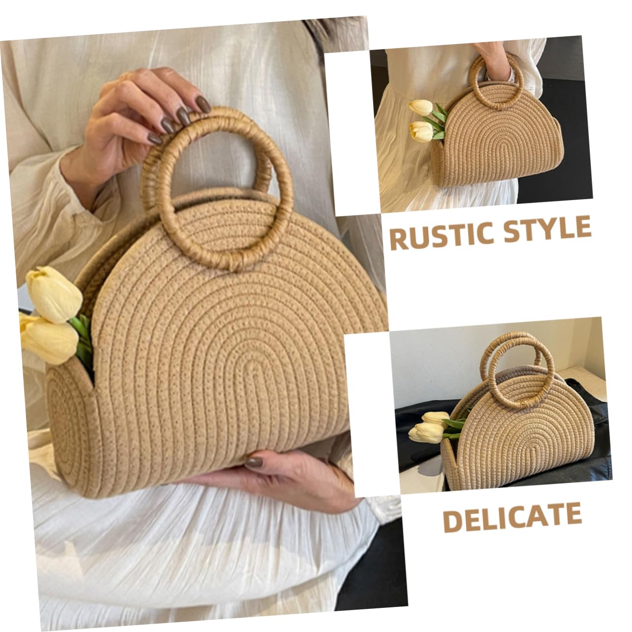 BESPORTBLE Borsa in Corda di Cotone Intrecciata a Mano, Borsa da Spiaggia Capiente Stile Rustico Trama Delicata, per Picnic e Shopping