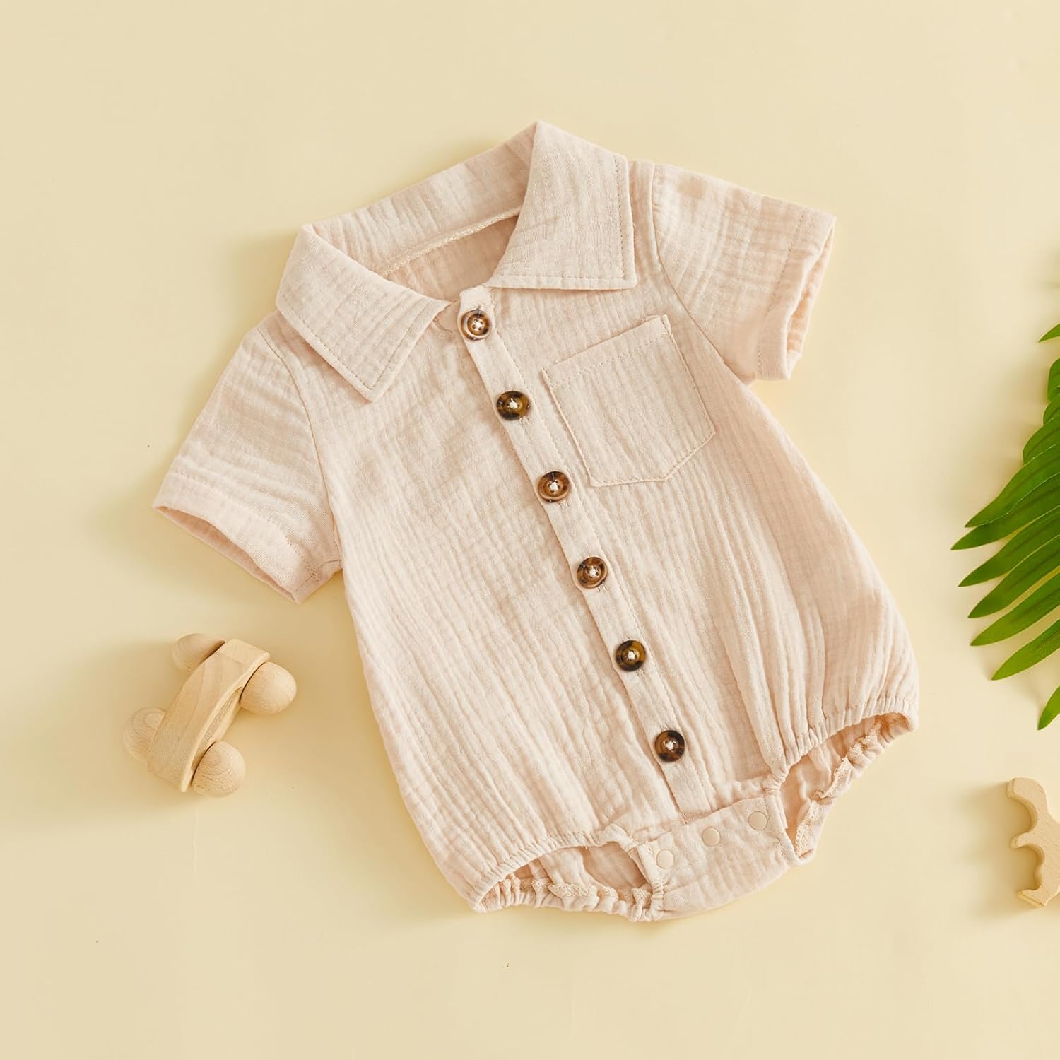 Karuedoo Infant Baby Boy Summer Clothes Muslin Button Up Shirt Bodysuit Short Sleeve Collared Bubble Romper One Piece Outfit - Image 6