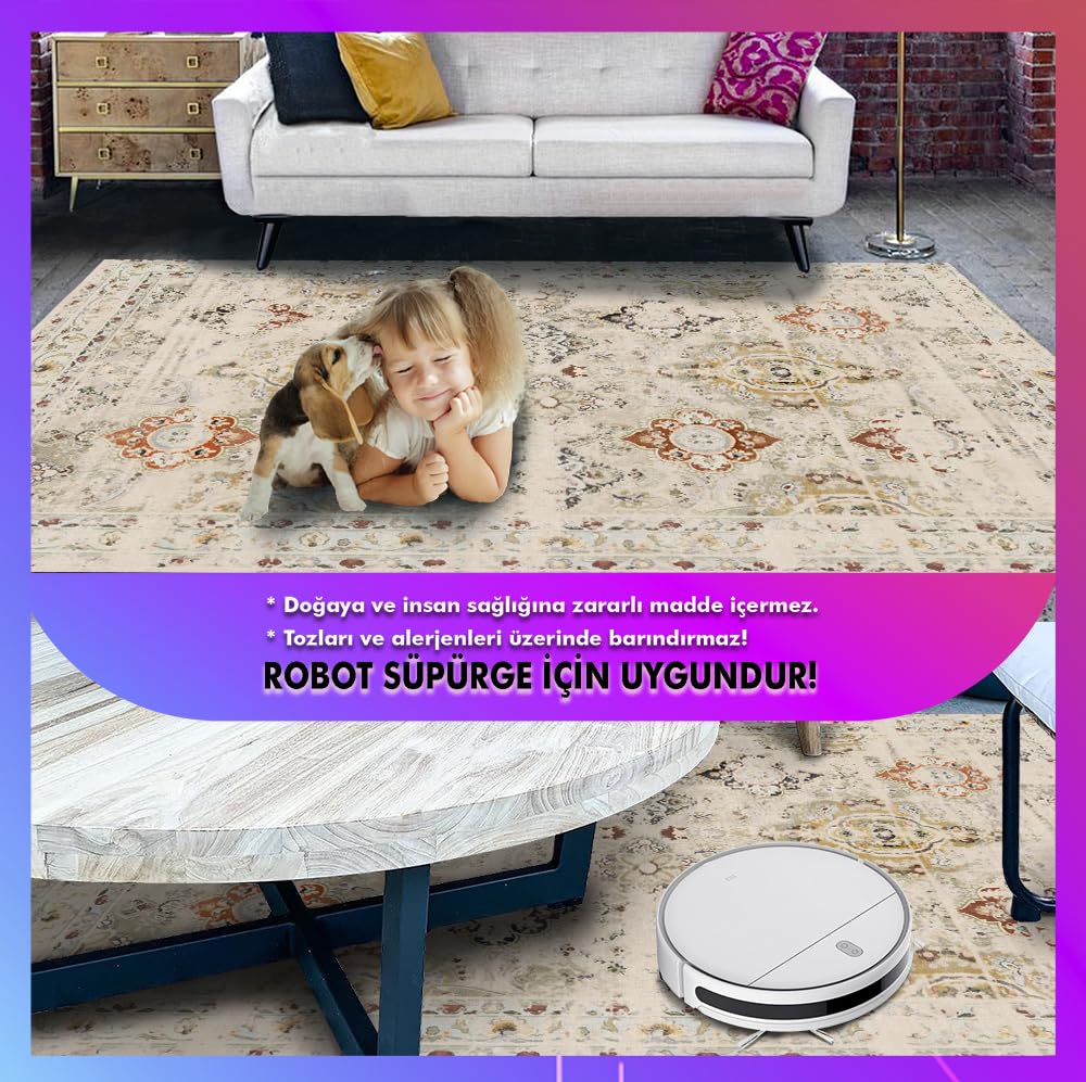 Latte Dizayn Jety Desenli Kadife Pamuk Tabanlı Yıkanabilen Kaydırmaz Antibakteriyel Salon Halısı 160x230
