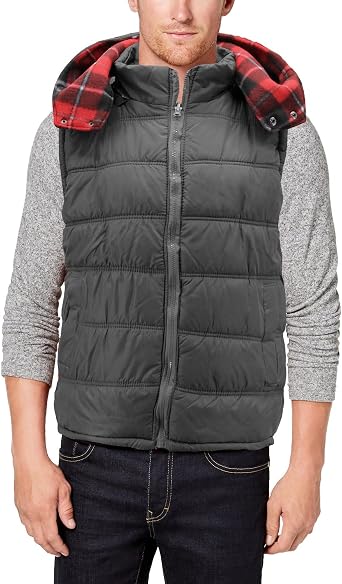 Mens Zip Up Insulated Quilted Puffer Removable Hood Plaid Reversible Vest