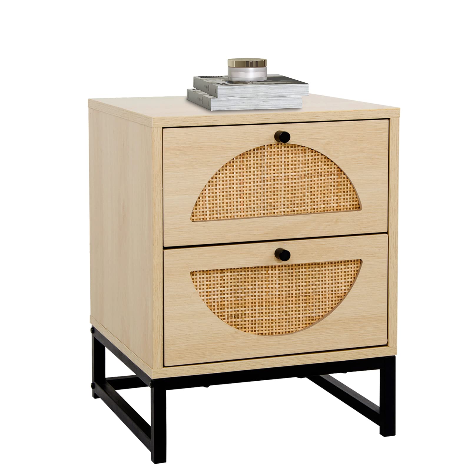 Recaceik Ratten NightStand, Natural End/Bedside Table Cabinet with 2 Ratten Drawers Storage and Metal Legs, Rustic Shelf Bedside End Side Accent Table for Living Room, Bed Room