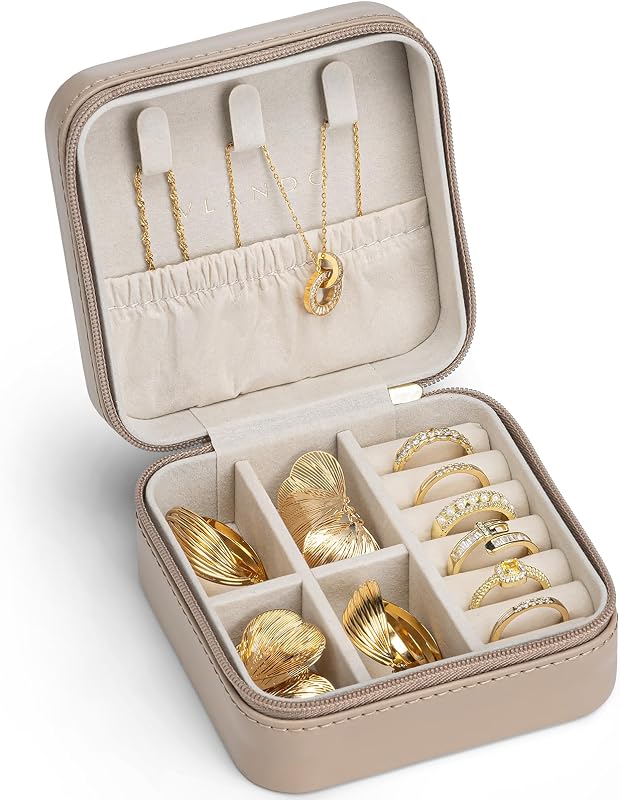VLANDO Travel Jewelry Case, Compact Design, Necklace Hook, Anti-Tangle | Removable Dividers, Waterproof PU Leather, Scratch-Resistant Lining, Portable Storage for Rings, Earrings, Necklace，Bracelet