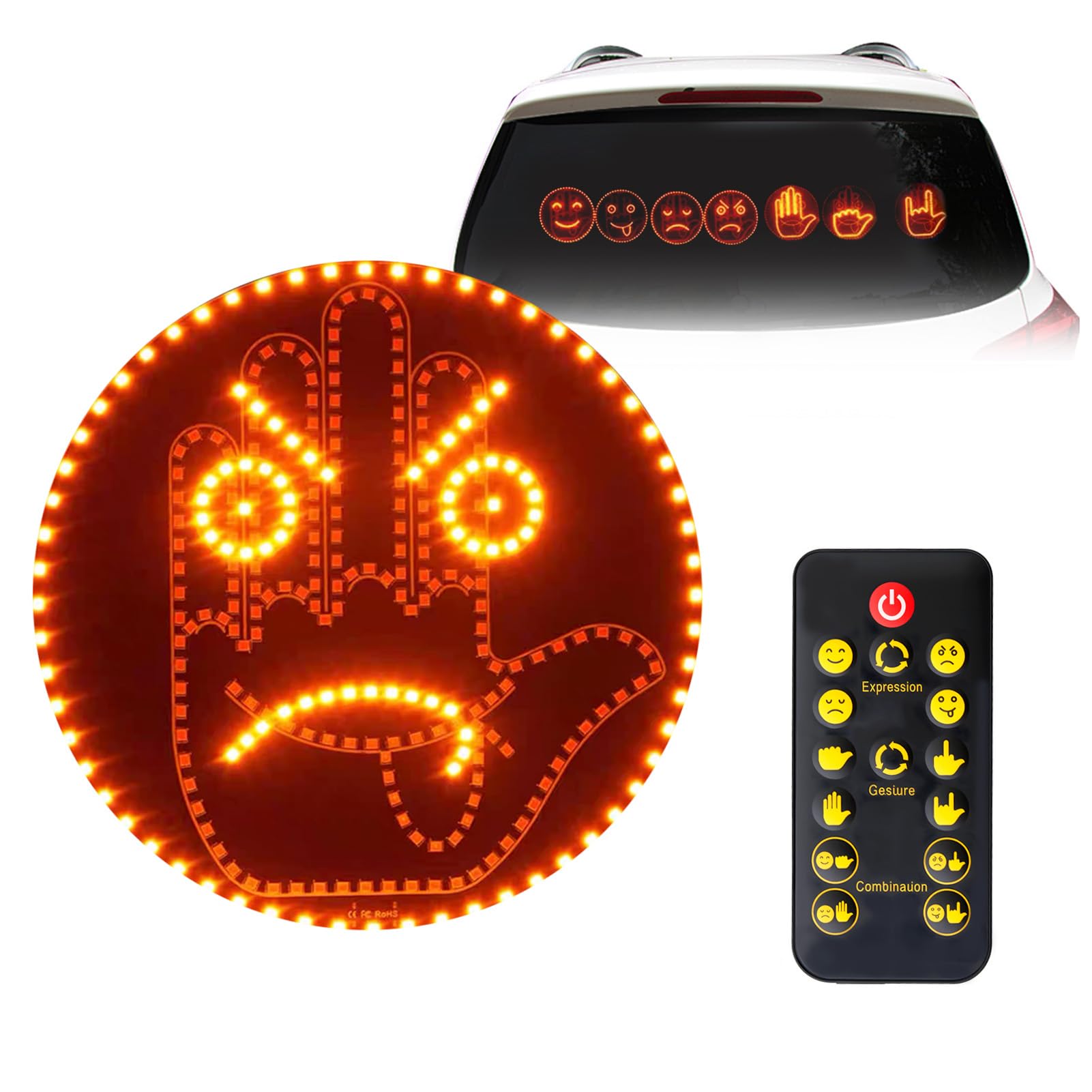 Luz de Gesto de Coche 2 en 1 con Mando a Distancia, Cartel LED de Mano y Luz de Expresión, 8 Modos Automáticos, Señal LED Divertida para Ventana/Salpicadero, Acrílico 145 LED, Adhesivo