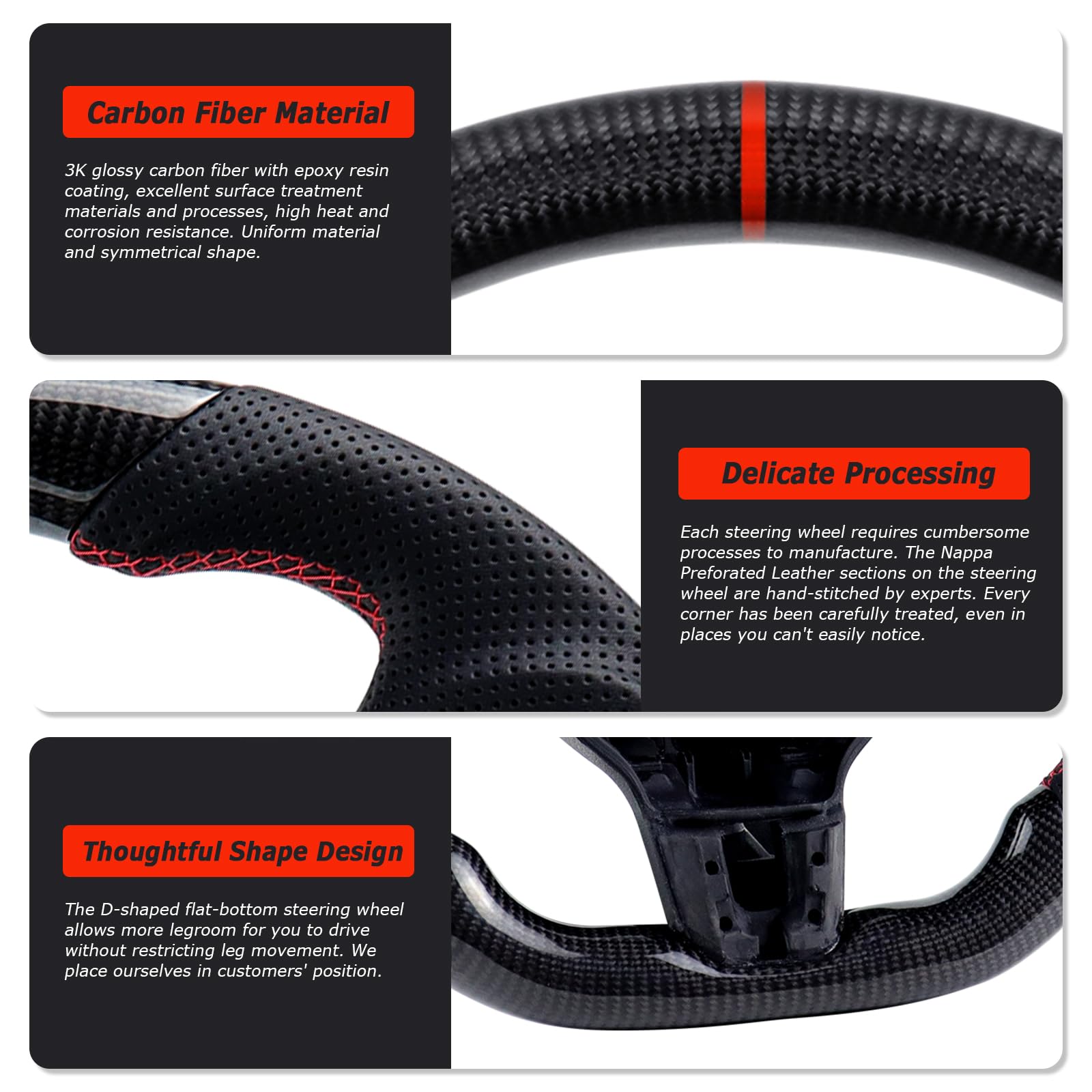 Volante in fibra di carbonio, volante in pelle, a D con fondo piatto e cuciture rosse, manico in pelle traforato per VW Volkswagen Golf MK6 GTI 2008-2014