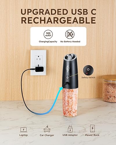 Miniatura 3 de Sangcon Gravity - Juego de molinillo eléctrico de sal y pimienta - Recargable mejorado de 9 onzas de capacidad XL USB-C no necesita batería,