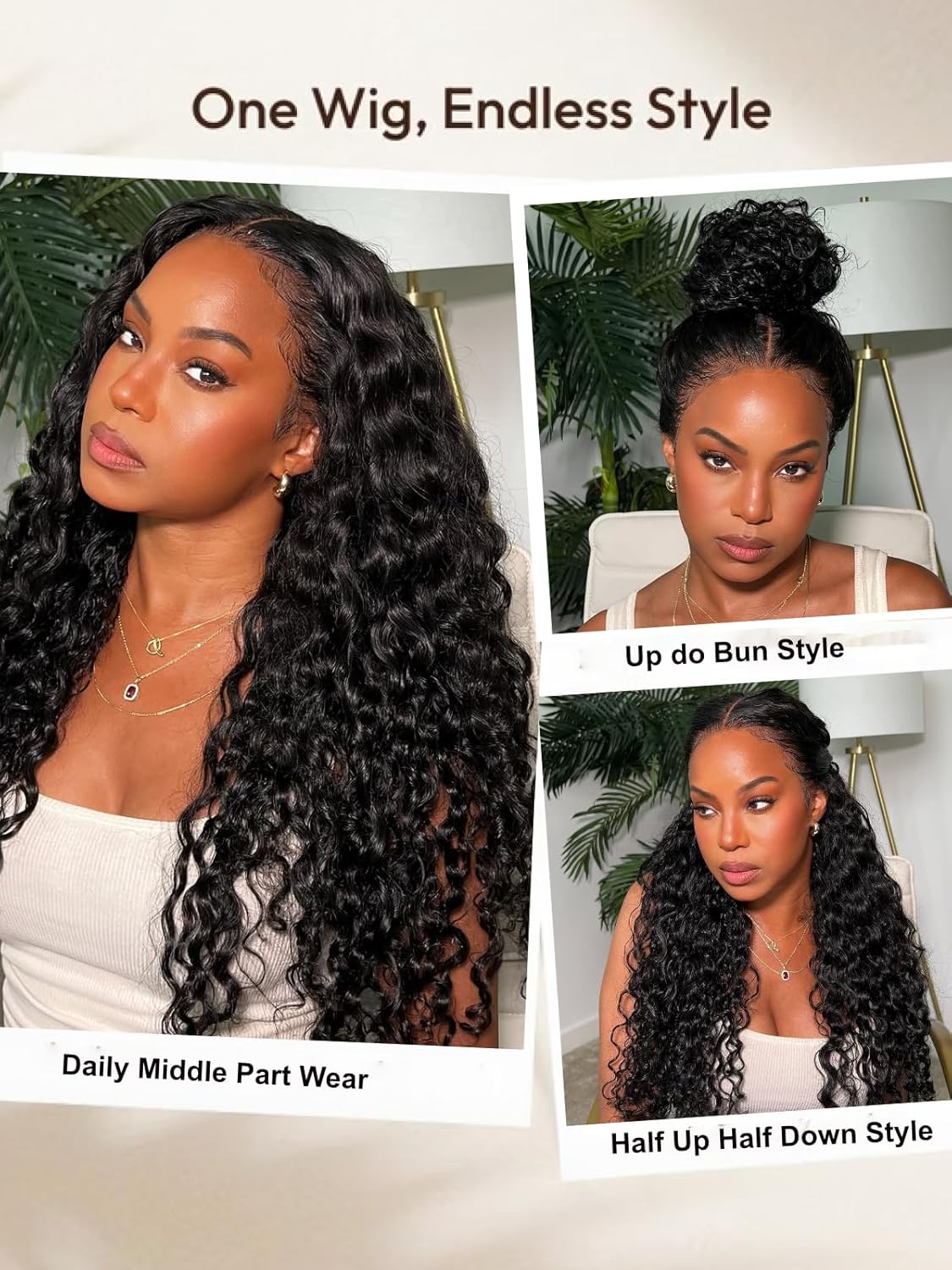 UNICE 13x6 Deep Water Wave Lace Front Wigs Human Hair Glueless Pre Plucked Pre Cut Bleached Knots Put on and Go Drawstring Wig Natural Black for Women 180% Density 20 inch