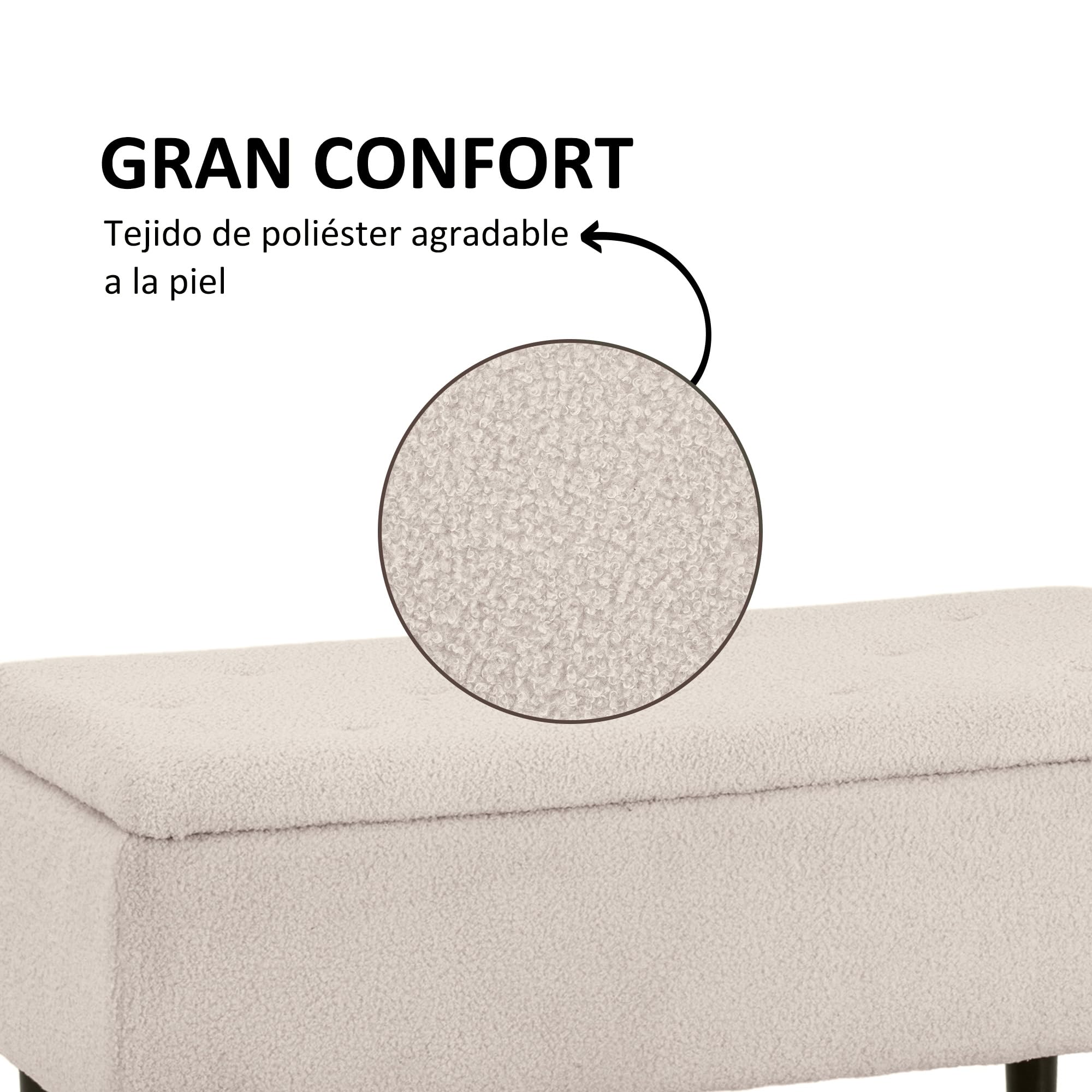 HOMCOM Puff Almacenaje, Banco Almacenaje Plegable, Capacidad de 57 L, 95x38x45 cm, Tapizado en Borreguito, Pie de Cama con Tapa Abatible y Patas de Madera, para Salón, Dormitorio, Entrada, Crema