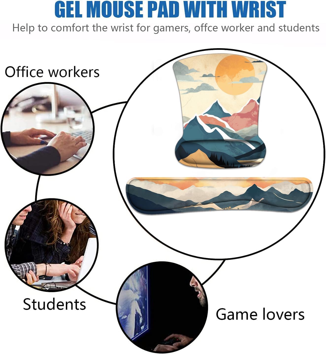 Keyboard Wrist Rest and Mouse Wrist Rest Pad Set with Coasters, Non-Slip PU Base Ergonomic Gaming Mousepad for Home Office Working Studying Easy Typing & Pain Relief - Mountain Sunrise