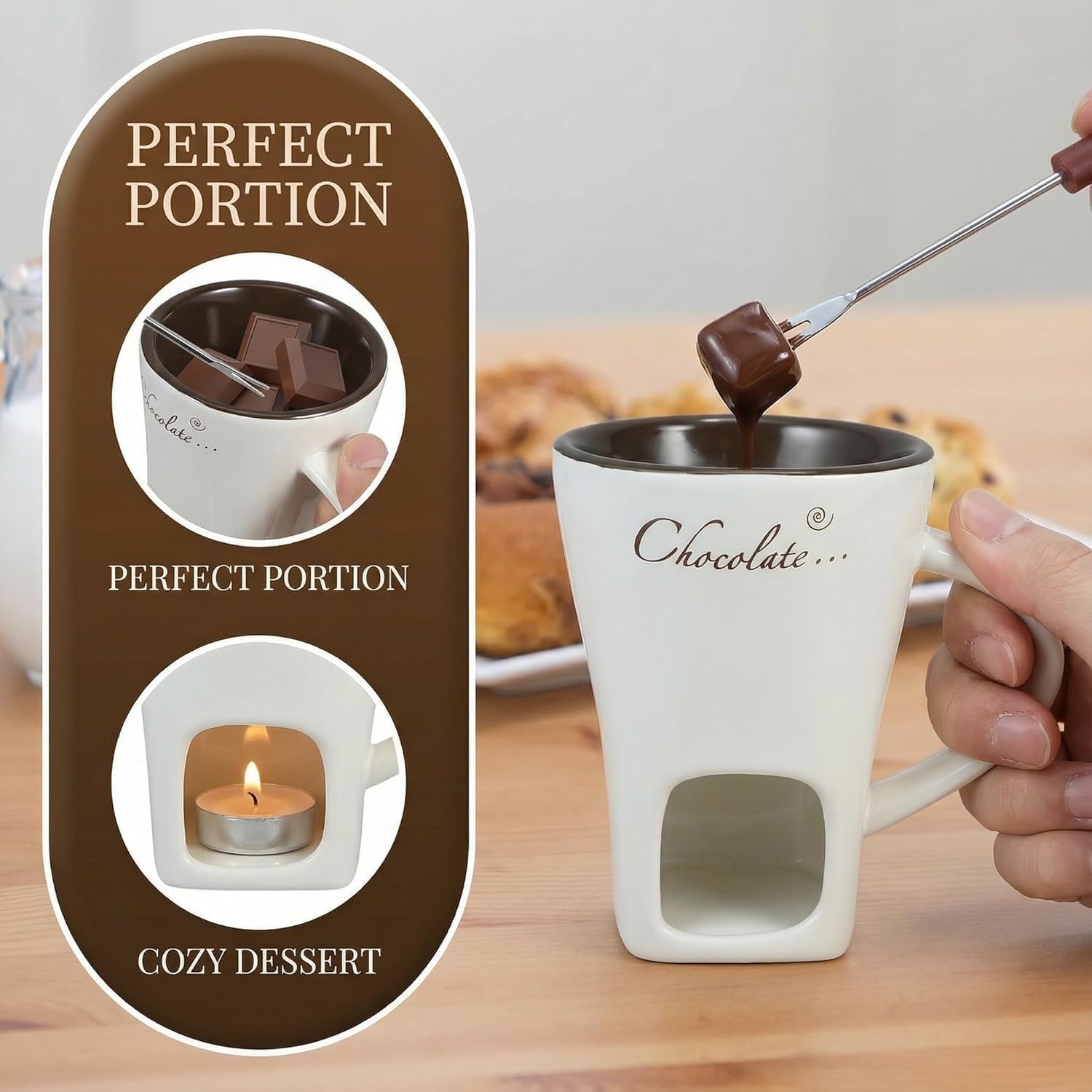 2 Pack Fondue Pot Ceramic Chocolate Fondue Mug Set with 2 Forks Personal Fondue Mugs Melting Pot for Chocolate, Cheese, Butter, Suitable for Home Party Wedding