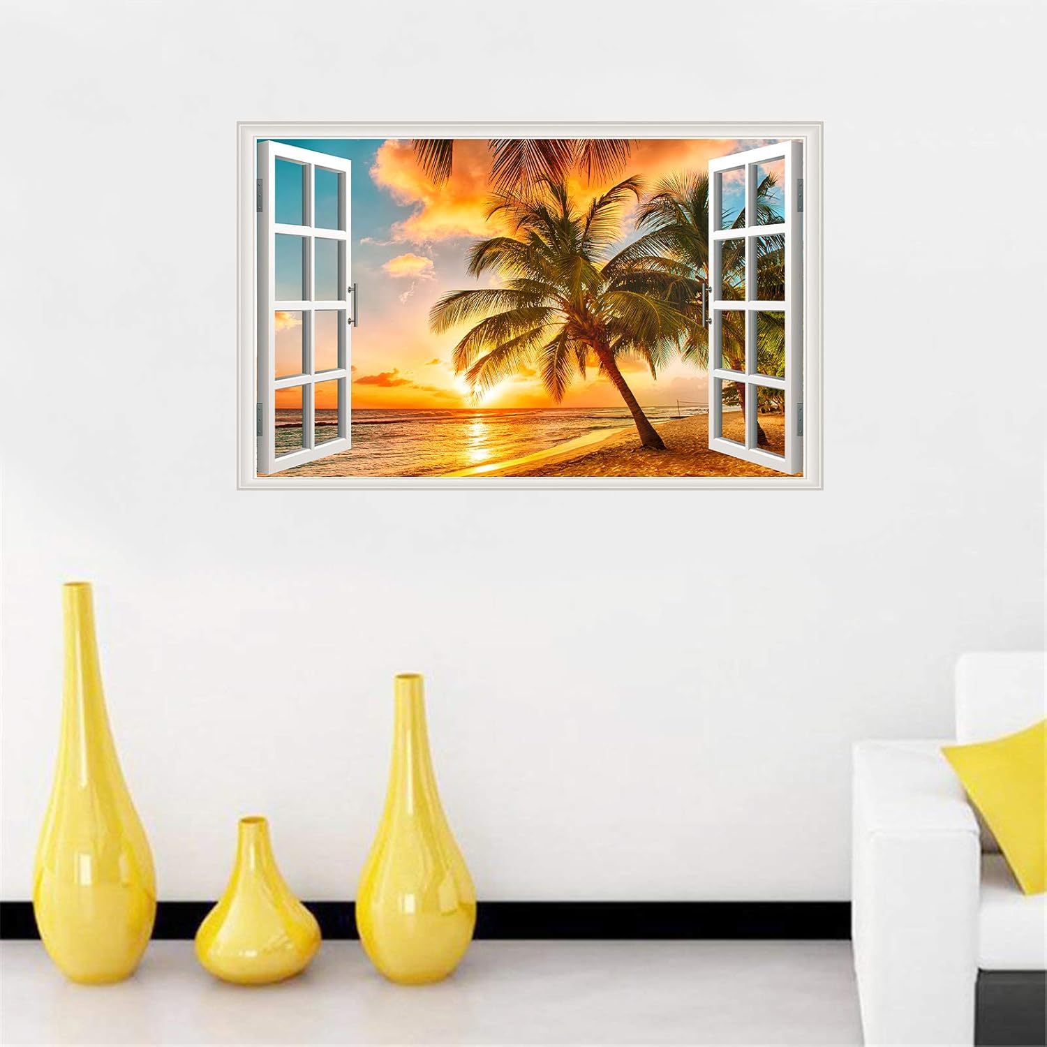 Sunset Seascape Fake Windows Wall Sticker Removable 3D Beach Seascape Faux Windows Wall Sticker Vinyl Self-Adhesive Beach Landscape Palm Tree Wall Mural Stickers for Bedroom Living Room Decoration