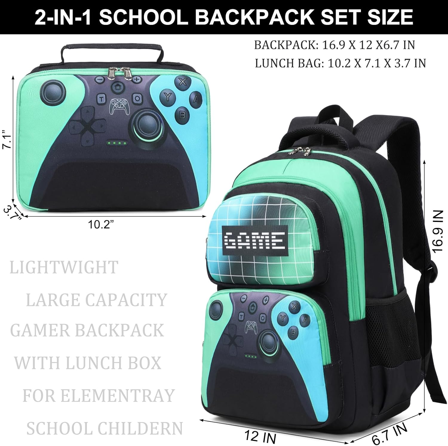 JIANYA Kids Backpack for School Boys, Gamer School Bag for Elementary Kids Children, Boys Backpack with Lunch Box, Green - Image 5