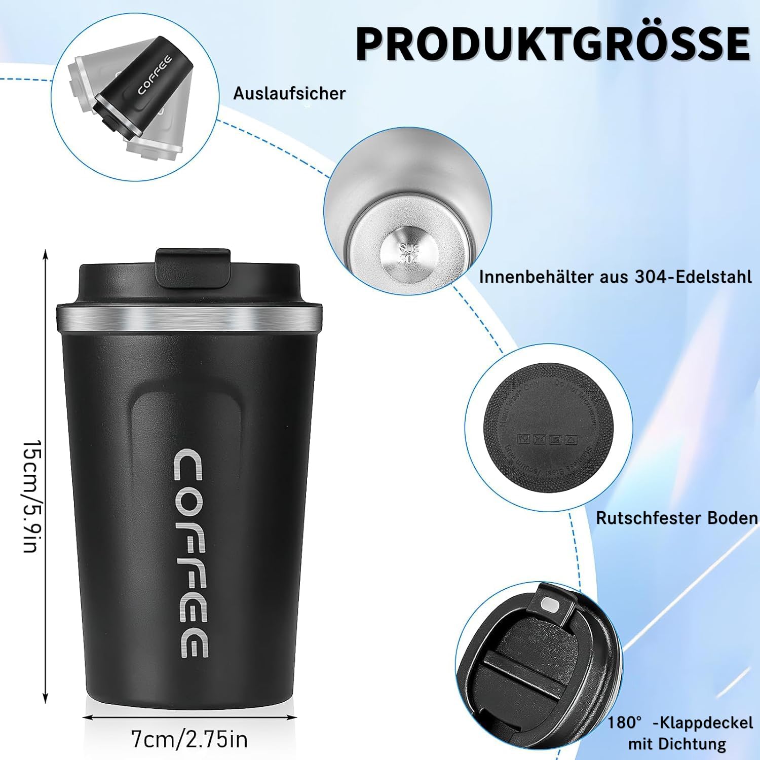 6 Stück Edelstahl Thermobecher 380 ml–Isolierter Kaffeebecher To Go für Heiß- und Kaltgetränke, Wiederverwendbare Trinkbecher mit Auslaufsicherem Deckel für Auto, Büro, Camping & Fitness (3 Farben)