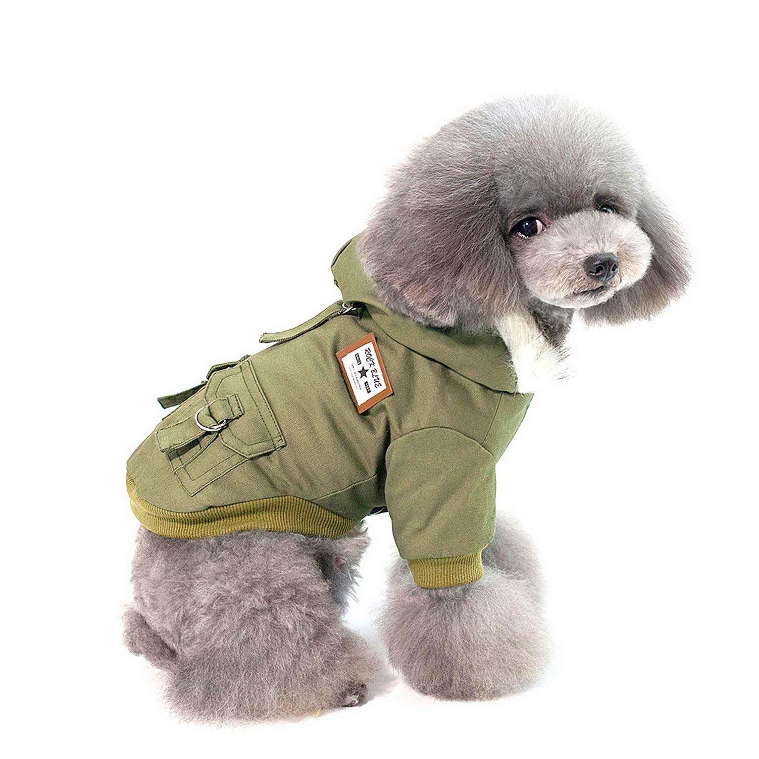 SMALLLEE_LUCKY_STORE Pet Hooded Military Jacket Parka Coat for Small Dogs Cats Boy Girl with Faux Fur Hood Pockets Soft Warm Fleece Lined Winter Puppy Clothes Toy Poodle Shih Tzu Pug,Army Green XL