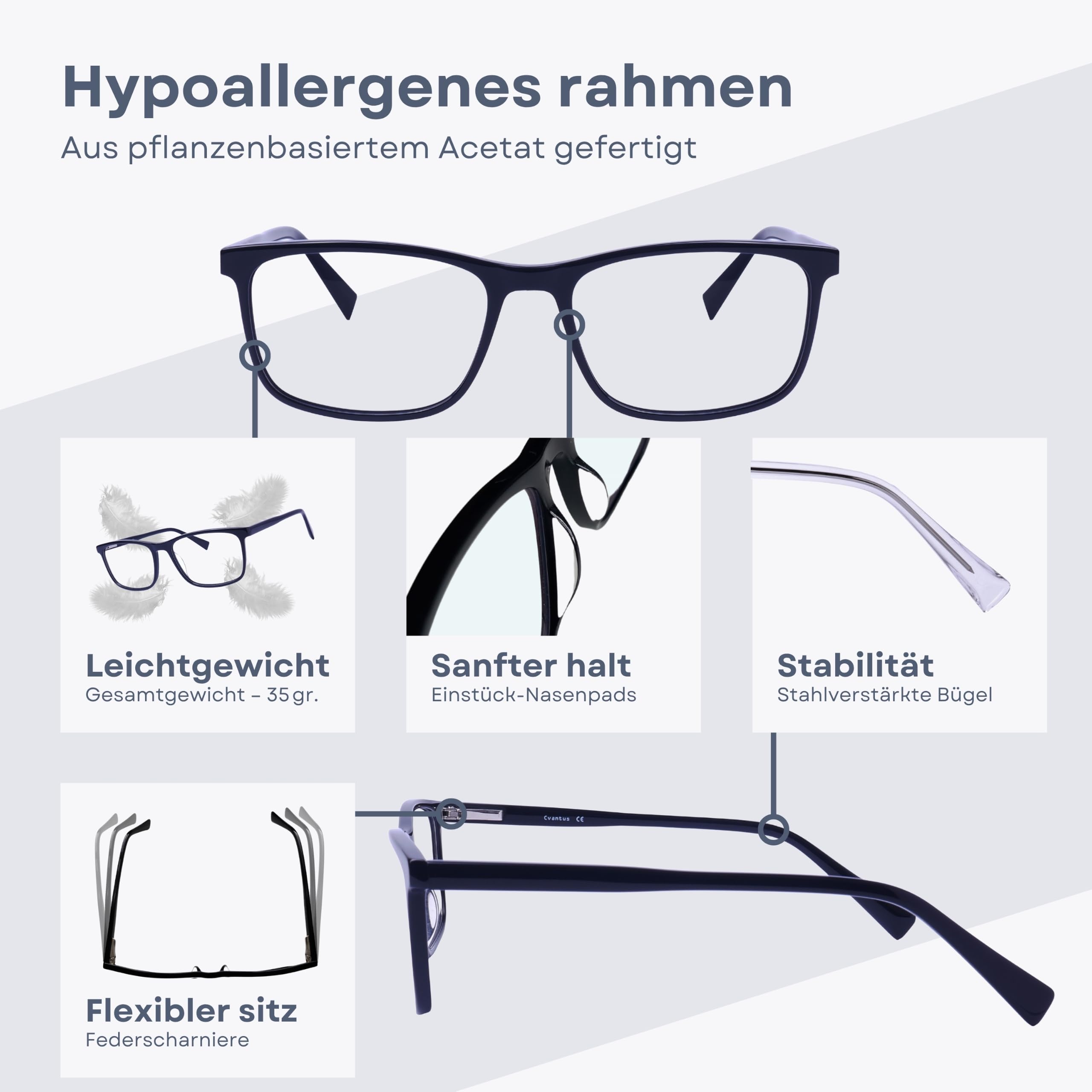 Cvantus Premium Lesebrille | Verschreibungsbrillen-Qualität - Hergestellt von Optikern | Blaulicht- und UV-Blocker, Entspiegelt | Quadratische Lesebrille Herren & Damen