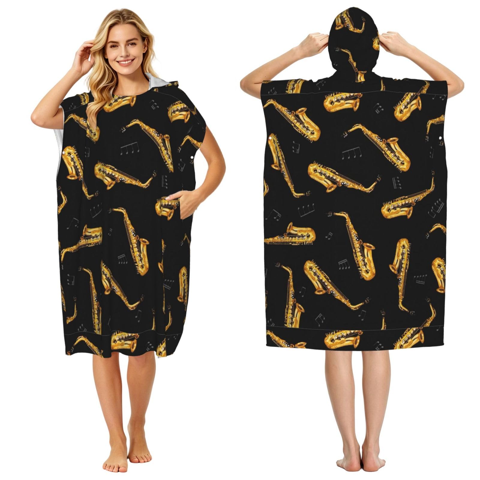 Poadnly Saxophone And Music, Adult Hooded Beach Towel 90 x 110 cm,Changing Bath Robe, Surf Poncho Towel For Women Men