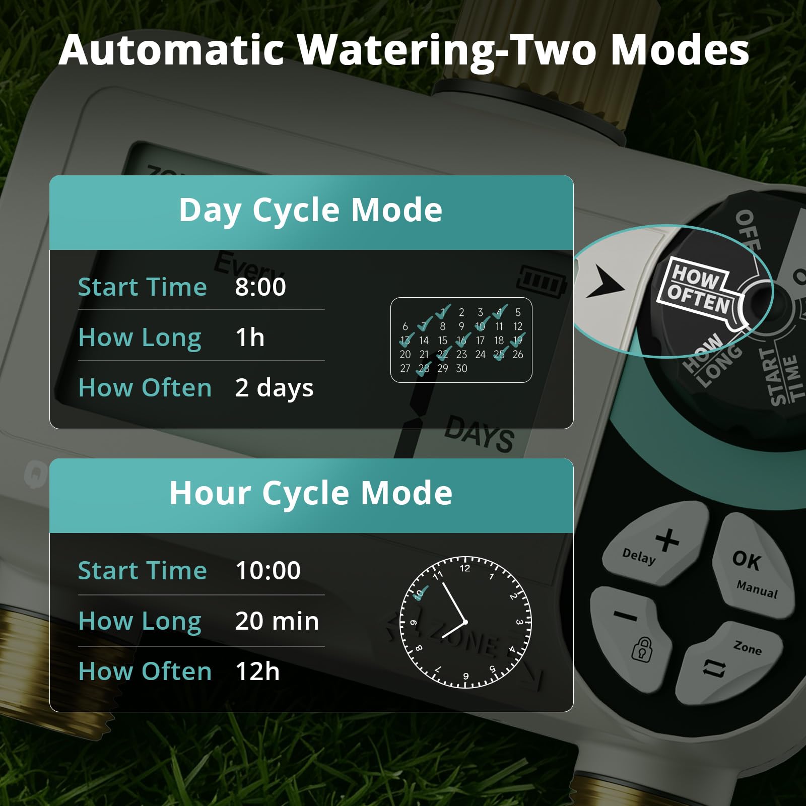 QUOBAS Timer per irrigazione a pressione zero con blocco bambini, timer programmabile per tubo da giardino con porte in ottone, sistema di irrigazione manuale o automatico, 2 zone di irrigazione per