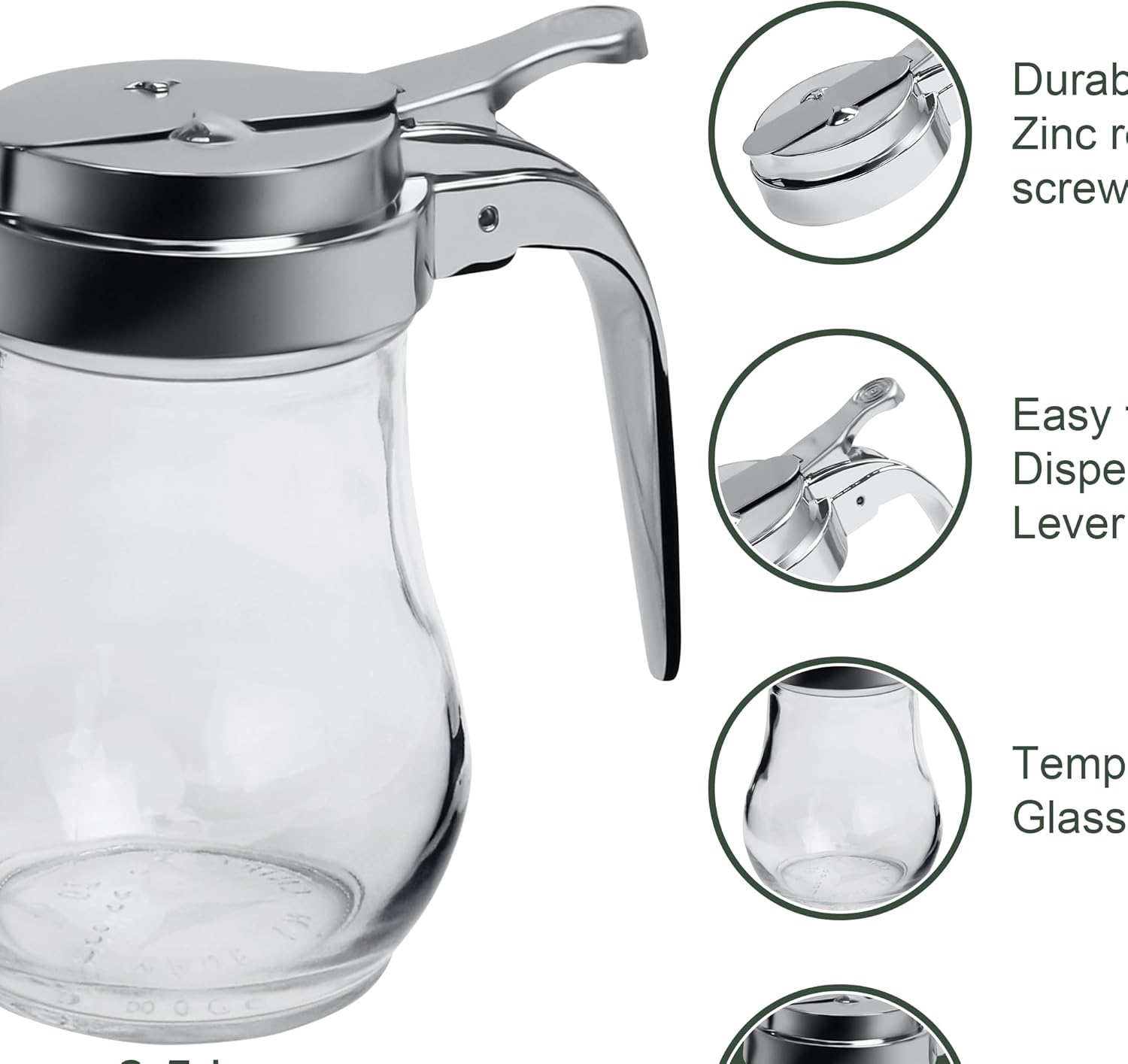 Great Credentials© Syrup Dispenser with Cast Zinc Top Glass Bulb Jar, Sugar Dispenser, Retracting Spout, Dispensing Thumb-Lever, 6 OZ. Pancake House Style set of 2