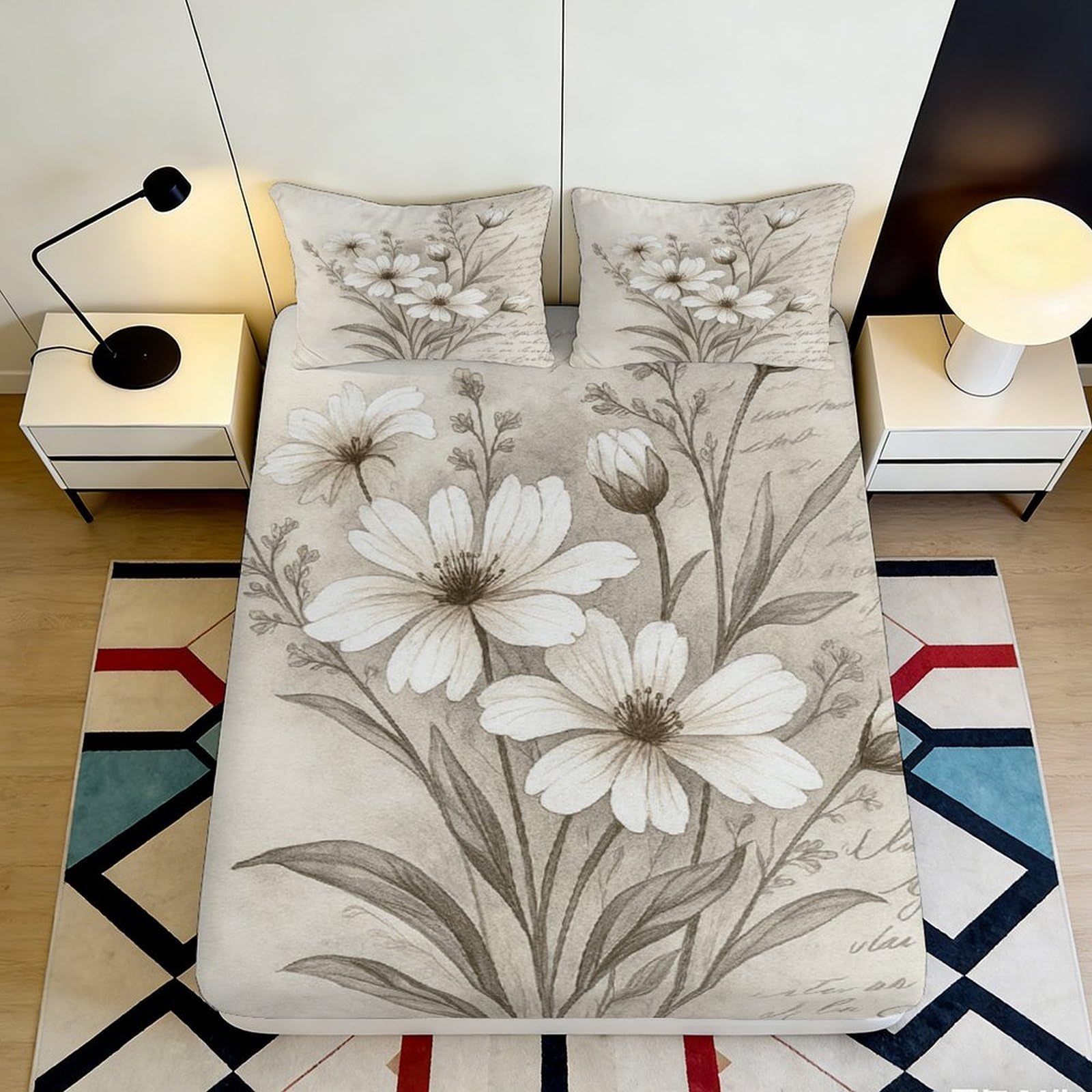 Pnayamiorkfel Style-4 3D Printed Beige Floral Fitted Sheet Microfiber Soft Botanical Mattress Cover For Bedroom Guest Room Decor Easy Care 90X200x25cm