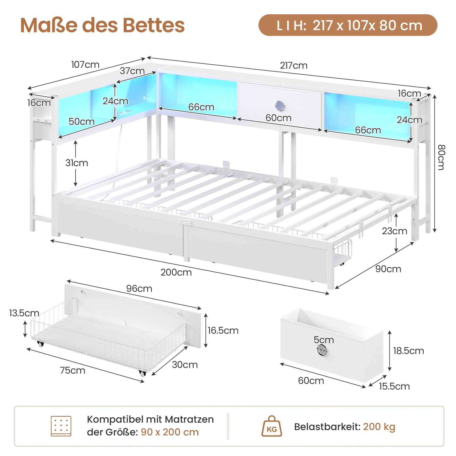 DICTAC Jugendbett 90x200 mit LED-Beleuchtung und Ladestation, Schlafsofa 90 x 200 mit stauraum-5 Staufächern und 2 Schubladen, Tagesbett Einzelbett 90x200 mit Lattenrost aus Metall, weiß LED Daybed