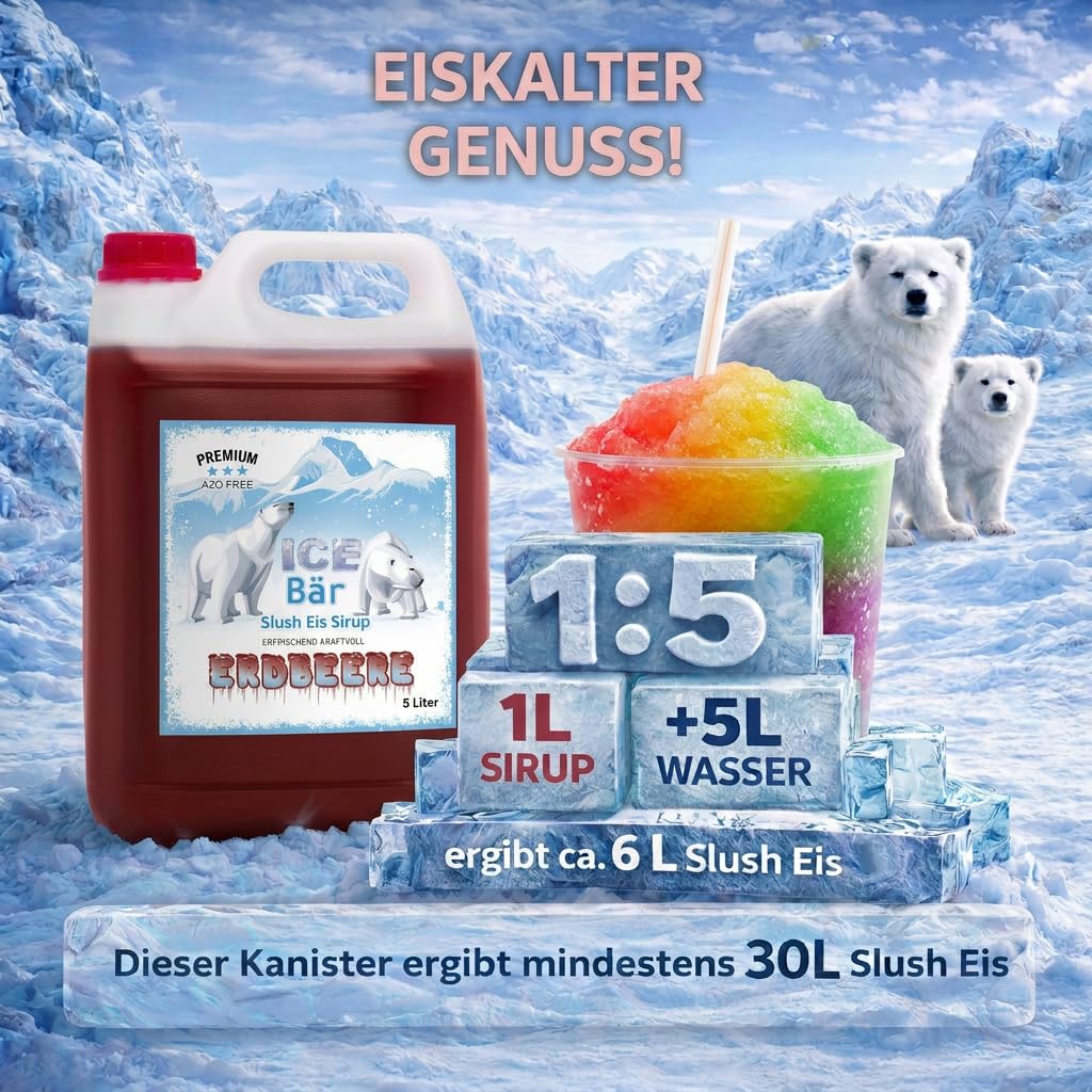 ICE Bär SLUSH Granizado 12 variedades afrutadas, 5 litros de concentrado, Sabor a fresa, granizador de hielo para máquina de hielo de bricolaje 5L (Paquete de 1)