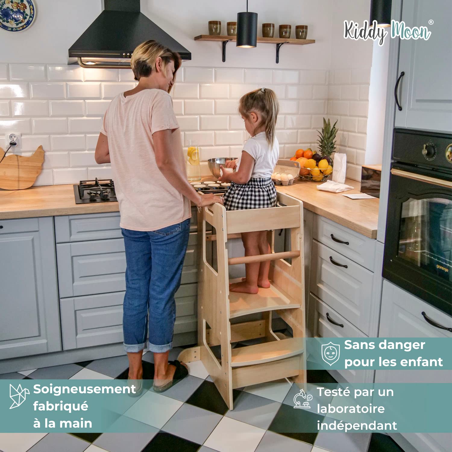 KiddyMoon Tour d'apprentissage/D'observation Montessori pour Enfant en Bois 3 Hauteurs Réglables Pieds Anti-Bascule, Noir