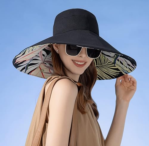 Miniatura 4 de HUAMULAN Sombrero de sol de verano para mujer, ala ancha, borde con alambre, floral, playa, cubo, sombreros reversibles, plegables, protección UV,