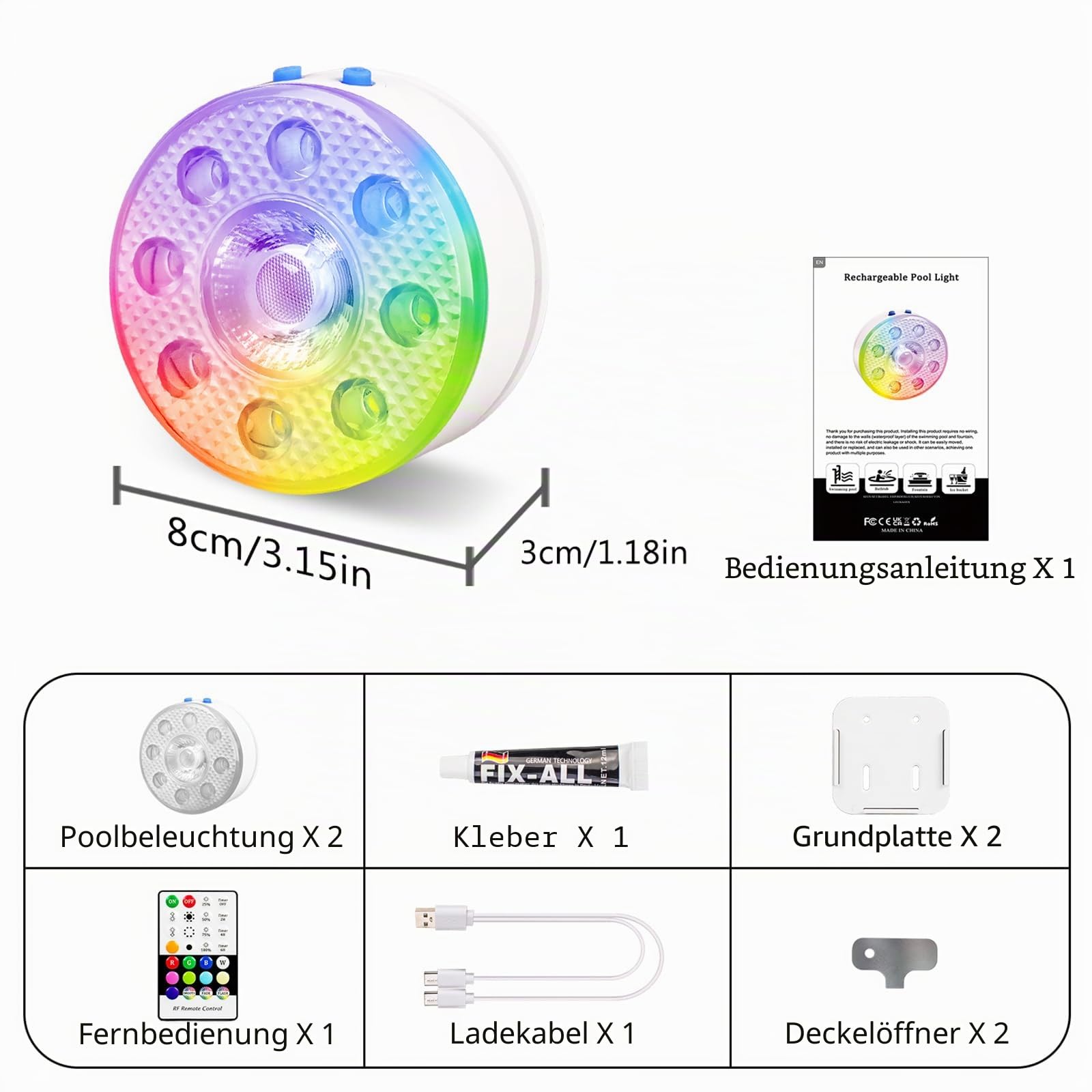 idyl light Poolbeleuchtung Unterwasser, Wiederaufladbar Unterwasser Licht Led mit Fernbedienung, Wasserdicht Pool lichter,Teichbeleuchtung für Pool Badewanne, Aquarium, Brunne, Party Deko, 2 Stück