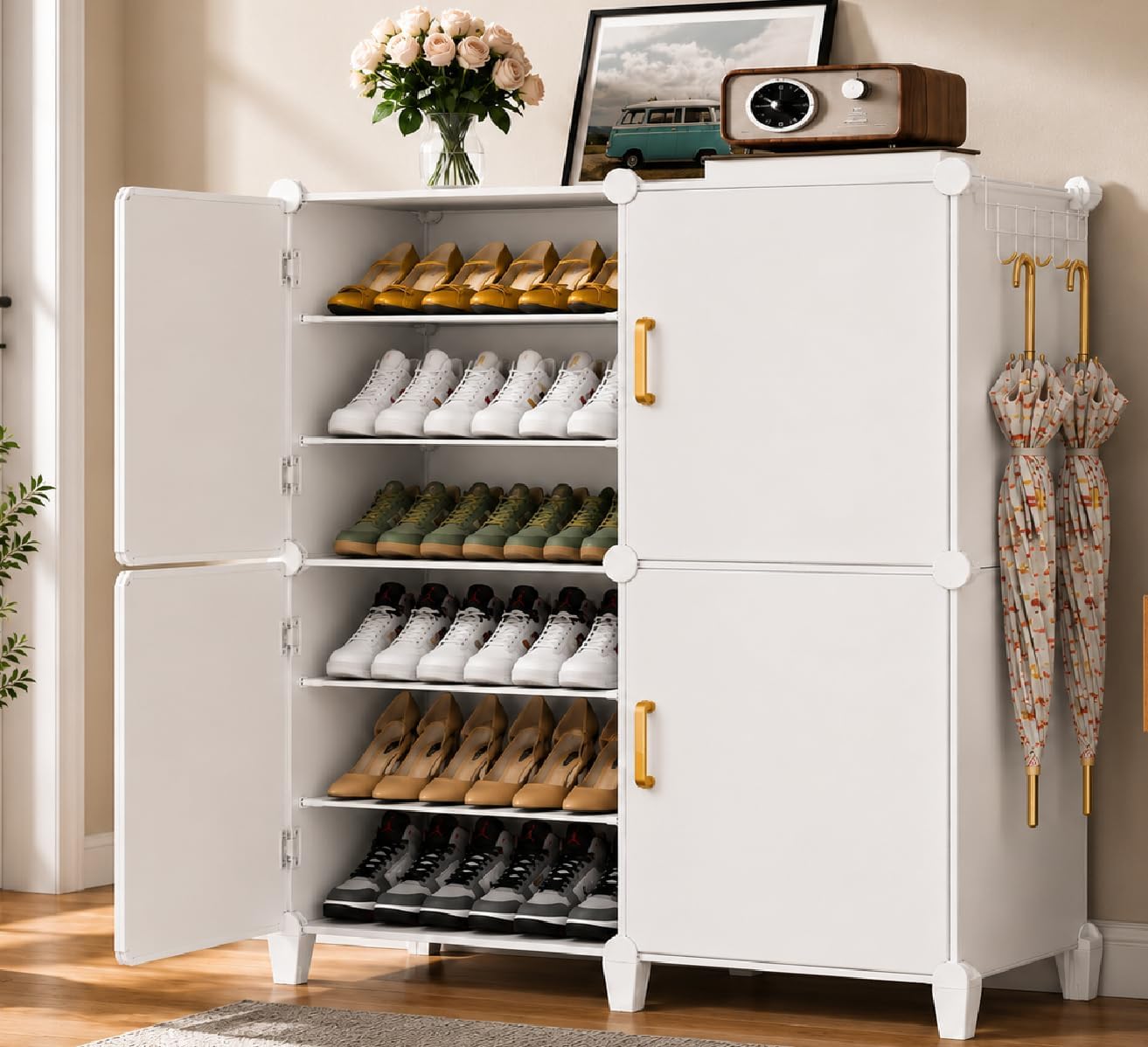 Mevigo Plastic Shoe Rack for Home with Door | 12-Tier Stackable Shoe Organizer | Holds 24 Pairs |Waterproof & Dustproof | DIY Modular Shoe Cabinet |Chappal Slipper Stand for Bedroom-HH3