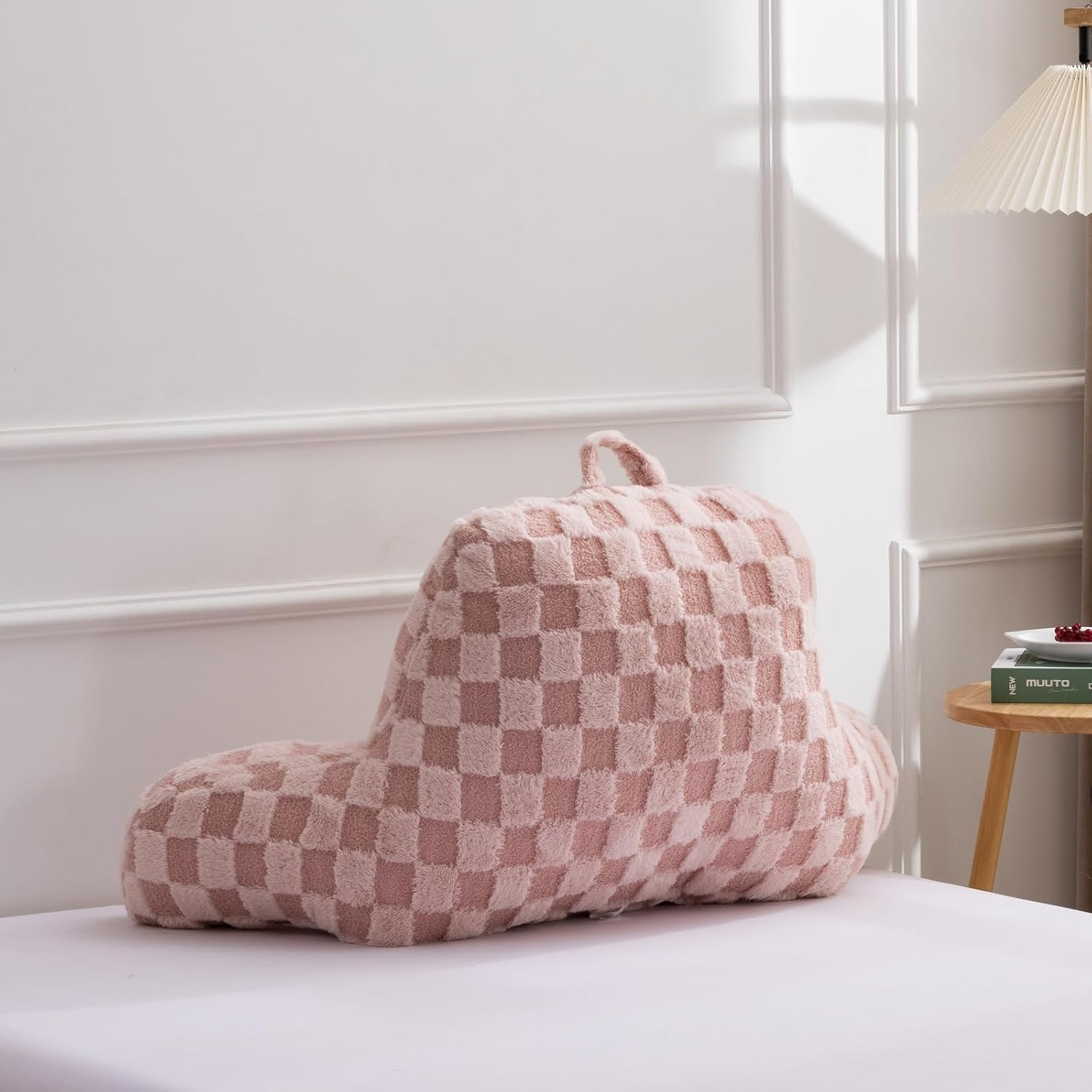 A Nice Night Faux Fur Reading Pillow,Checkered Fluffy Grid Plaid,Bed Wedge Pillow Large Adult Children Backrest with Arms for Bedrest,Pink