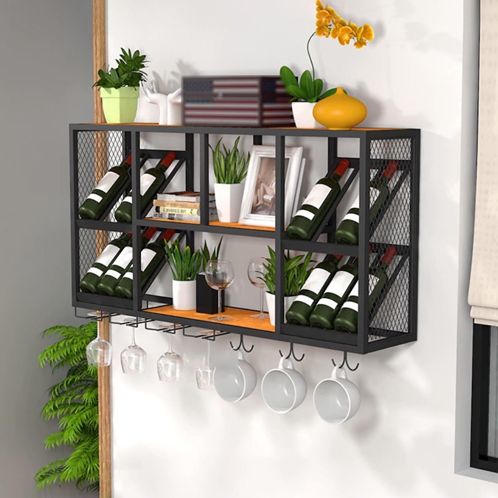 Casier à vin mural avec support en verre en métal noir pour bouteilles