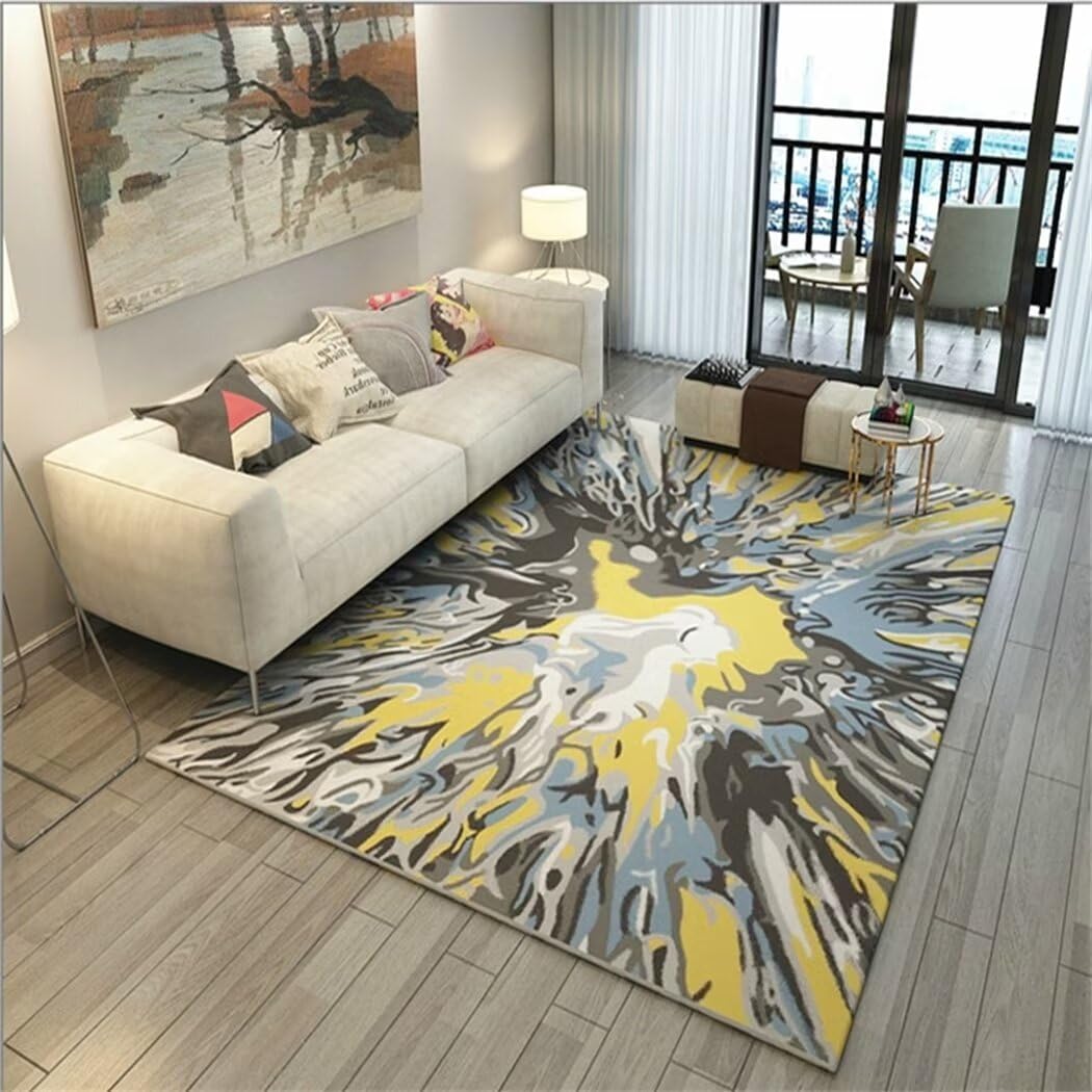 Tapis de grande chambre moderne jaune abstrait pour dynamiser le coin nuit d'un ado