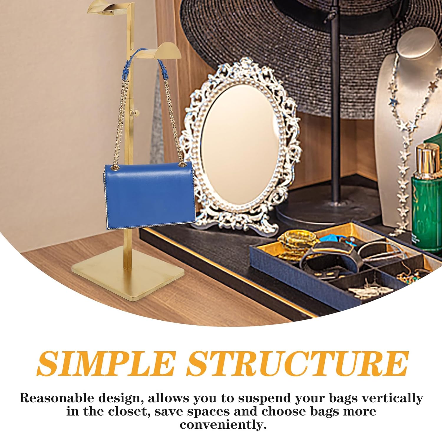 Adjustable Height Stainless Steel Handbag Hanger with Dual Hooks and Thick Base, Purse Display Stand Rack for Retail Store and Home Use