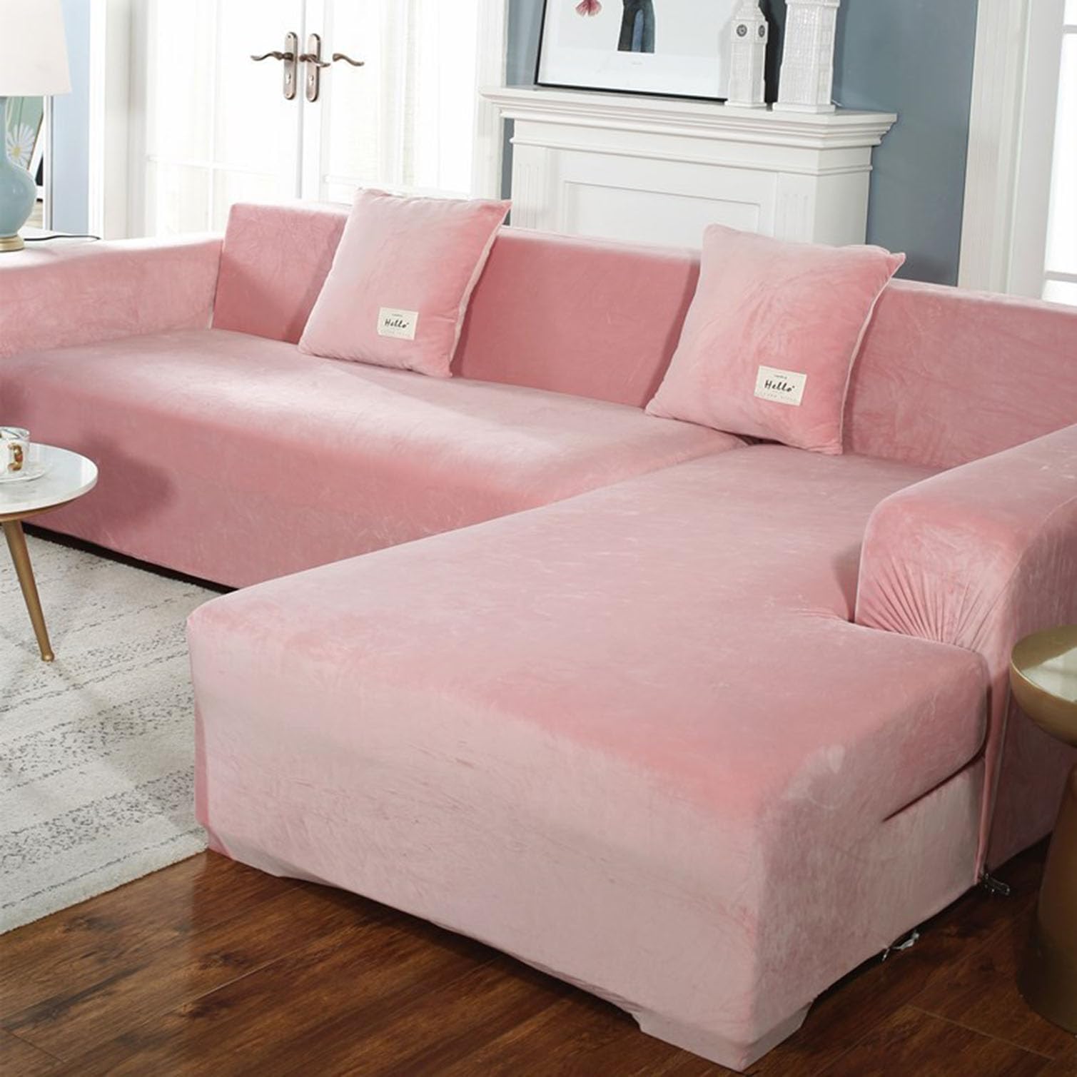 YOPOIY Terciopelo Fundas para Sofa Chaise Longue, Estiramiento Grueso Fundas Sofas Cheslonge Ajustables, Antideslizante Fundas De Sofá Chaise Longue Protector-Rosa-3+3 plazas