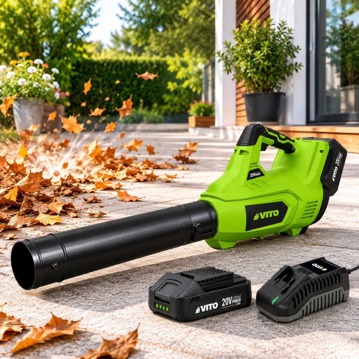 Vito – Soplador de hojas inalámbrico de 20 V + batería de 2 Ah + cargador rápido de 2 velocidades, limpieza de terraza y pasillo