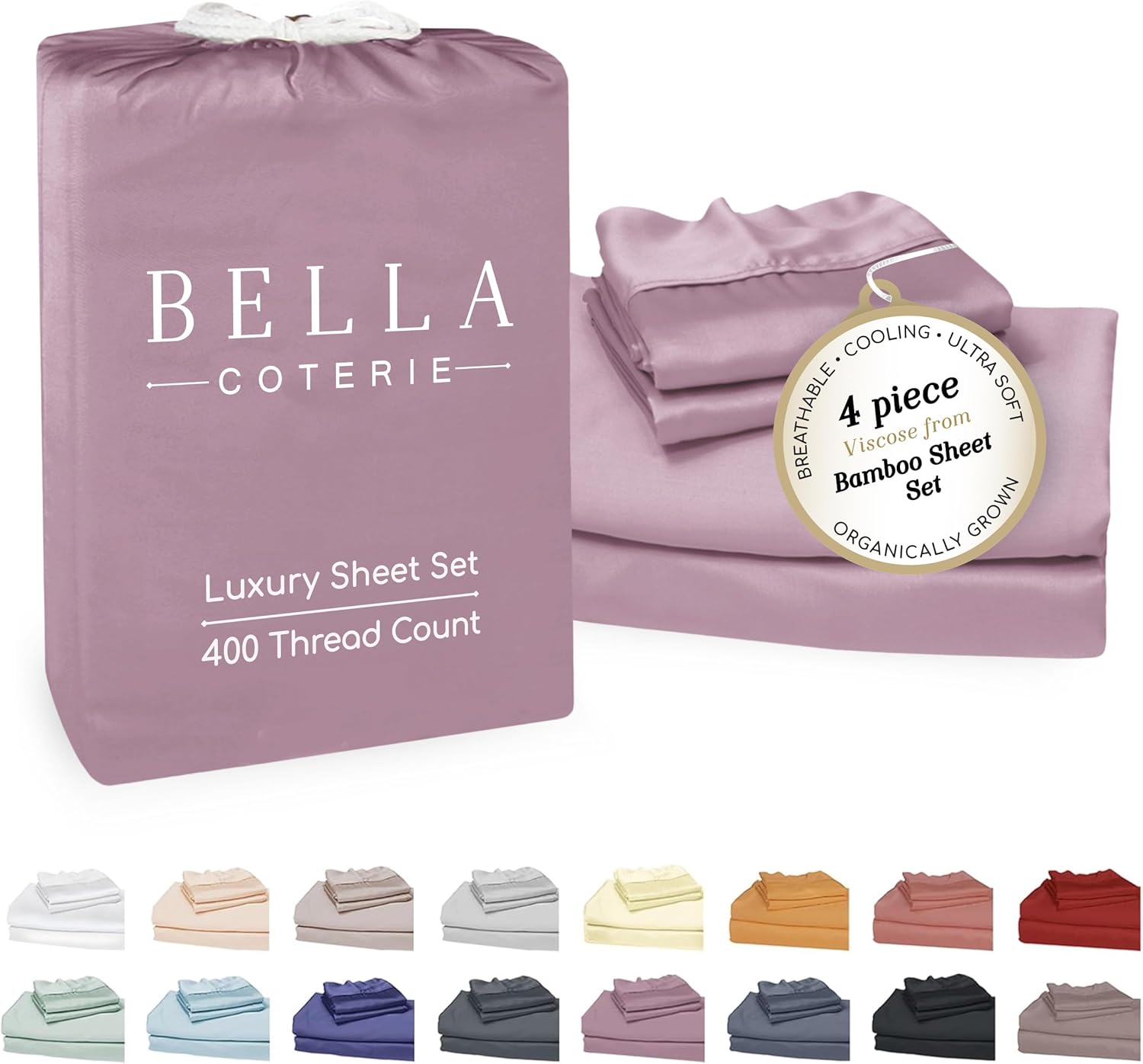 Bella Coterie Luxury Bamboo Viscose King Size Sheet Set | 100% Organically Grown | Ultra Soft | Cooling for Hot Sleepers | 18" Deep Pocket [Lilac]