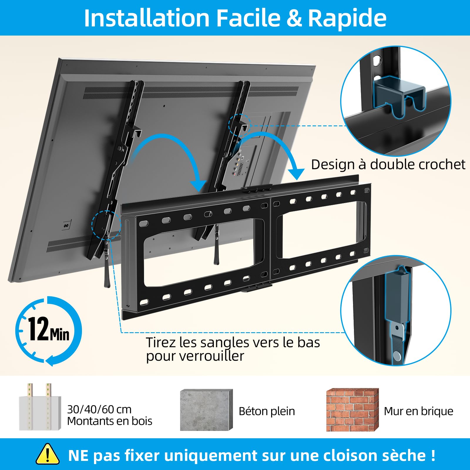 Home Vision HV9601 Support Mural inclinable et Robuste pour téléviseurs Plats/incurvés de 32 à 85 Pouces, capacité de 75 kg, VESA Max 600 x 400 mm, Profil Bas, Universel, Compatible avec la Plupart