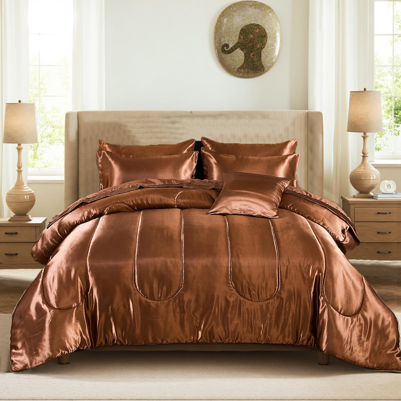 Satin Comforter Set with Coffee Sheet Set Queen Size 8 Pcs Brown Bedding Set Silky Bed-in-a-Bag Luxury Hotel Soft Silk Like Satin Comforter Set with 1
