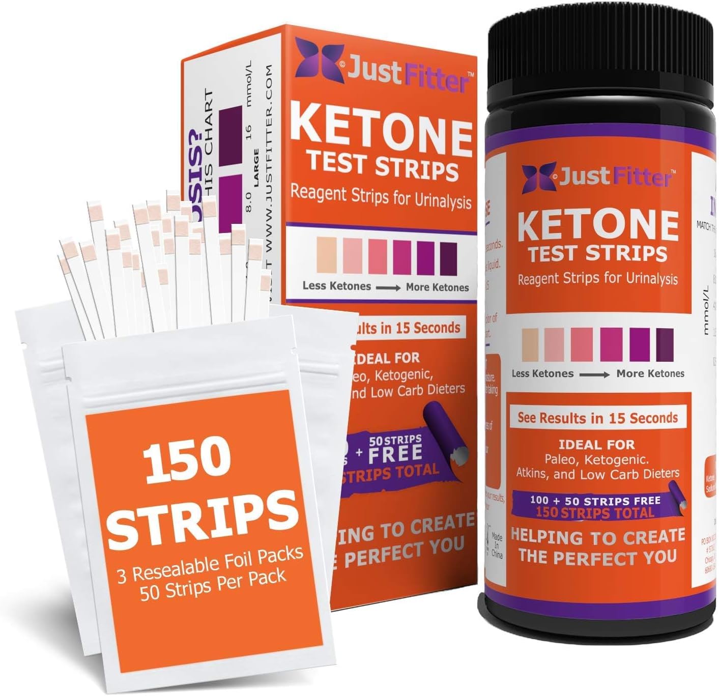 Ketone Keto Urine 150 Test Strips. 3 Resealable Foil Packs of 50 Strips Each. Look and Feel Fabulous on a Low Carb Ketogenic or HCG Diet. Accurately Measure Your Fat Burning Ketosis Levels