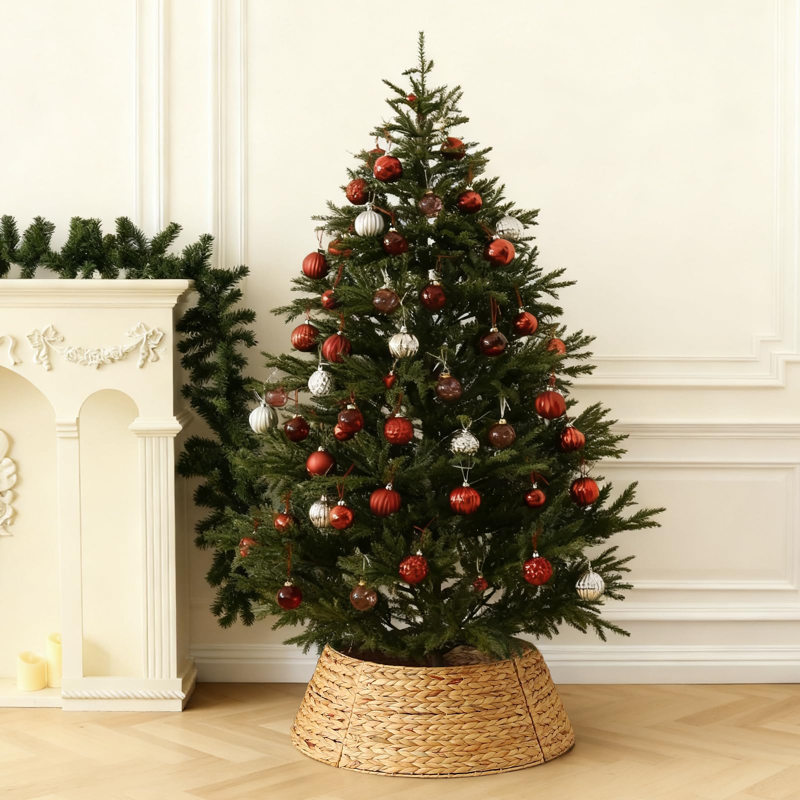 SALCAR 60cm Weihnachtsbaumring Abdeckung aus Rattan, handgefertigter Christbaumkorb, dekorativer Baumkragen, Baumständerschutz für Weihnachtsbäume, Weihnachtsdeko, Weihnachtsbaum Umrandung